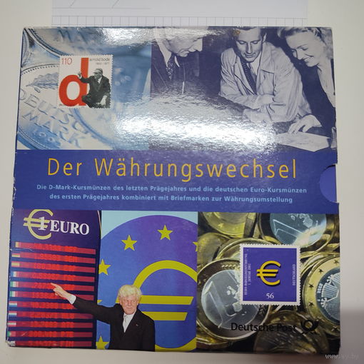 Набор  евро монет и марок Грмании 2002 года выпущенных в честь перехода с марки на евро с почтовыми марками в комплекте. .