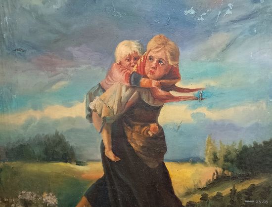 Старинная картина холст / масло Дети, убегающие от грозы