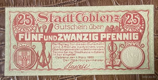 Нотгельд 25 пфеннигов 1920 год. Кобленц. Веймарская республика