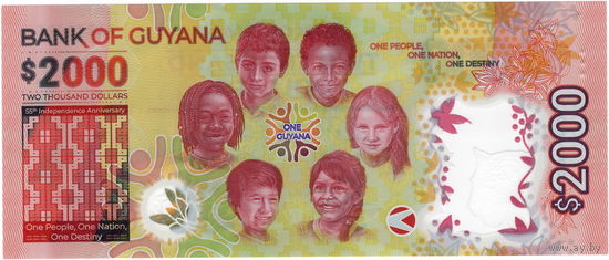 Гайана, 2000 долларов, 2021 г., юбилейные, полимер, UNC