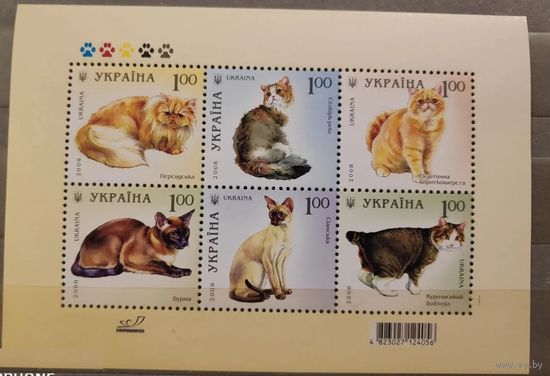 Украина 2008, (480) Коты. Кошки. Фауна Домашние животные, блок **