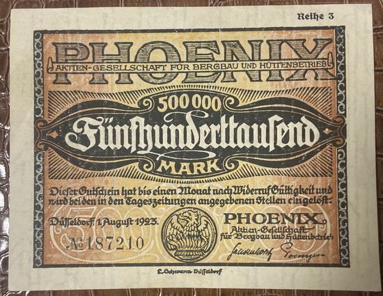 Банкнота 500000 марок 1923 год. Дюссельдорф. Веймарская республика.
