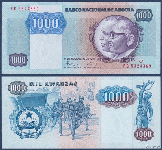 Ангола, 1000 кванза 1987 г., P-121b (FH, президенты, солдаты), UNC