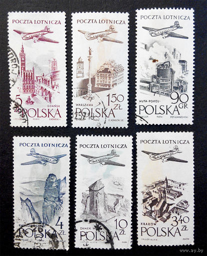 Польша 1957-58 г. Авиапочта. Самолет. Города. Архитектура, 6 марок #0116-Т1P24