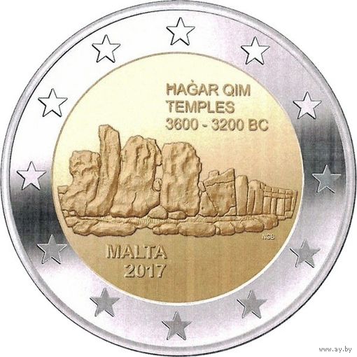 2 евро 2017 г. Мальта  Мегалитический комплекс Хаджар-Ким. UNC из ролла