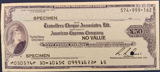 50 фунтов стерлингов. Дорожный чек. American Express Company. Образец. США. Unc.