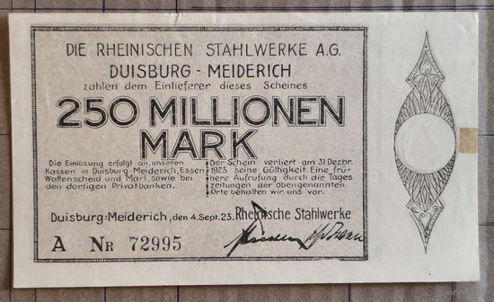 Германия, нотгельды, 1923 год, город Дуйсбург-Мейдерих, 250 миллионов марок, 1205.bb. , серия "А" нечастая