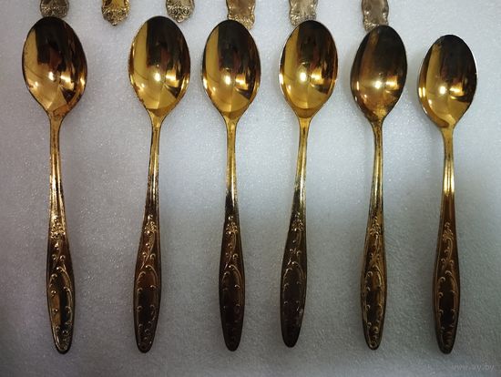 Ложки чайные Мельхиоровые Пламя (полностью золотые). Кольчугино, СССР