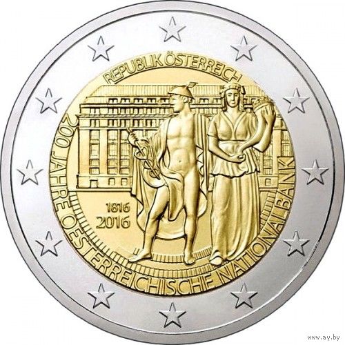 2 евро 2016 Австрия 200-летие Национального банка Австрии UNC из ролла