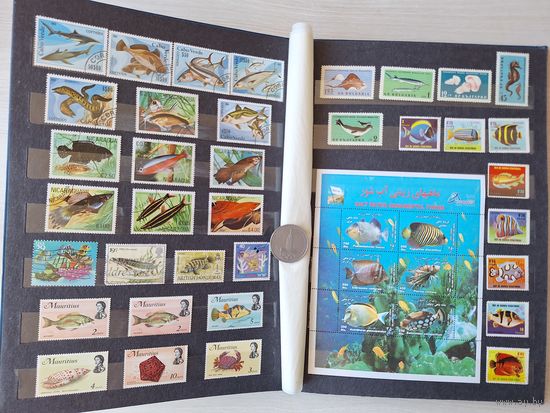 Альбом с марками - фауна морей и рек, рыбы, крабы, акулы, дельфины, киты, раки и др.