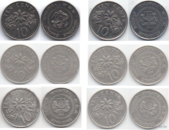 Республика Сингапур. 10 центов 1986, 1987, 1988, 1989, 1990, 1991. Щит выше щитодержателей. Цветы жасмин многоцветковый. Погодовка. Цена за одну монету.