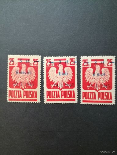 Польша 1945 Неполная серия марок с надпечаткой нового номинала и датой освобождения городов Польши на марке Mi.383 1944 года "Национальные символы" (чистые**) Mi.390III,390V,390VII  каталог 25.50 евро